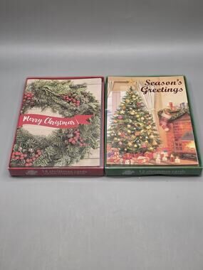 Lot of 2 Lang Boxed Christmas Cards Wreath & Tree Fireplace Holiday Stationery